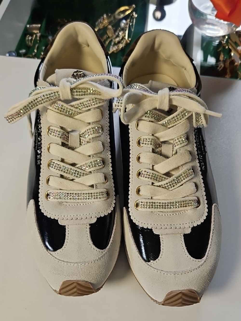 Kurt Geiger Cream and Black Crystal-Trim Lace-Up Sneakers-Islington pump sneaker